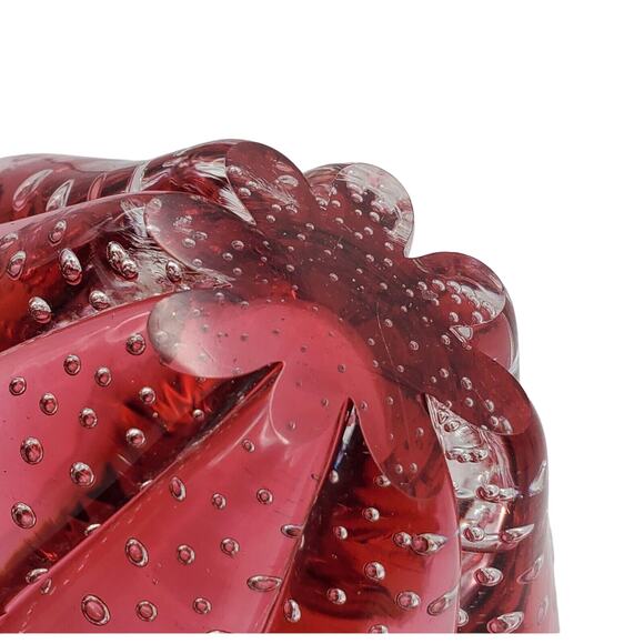 Small Murano Cranberry Art Glass Bowl Controlled Bubble Handle Dish Vintage Red - Picture 14 of 15